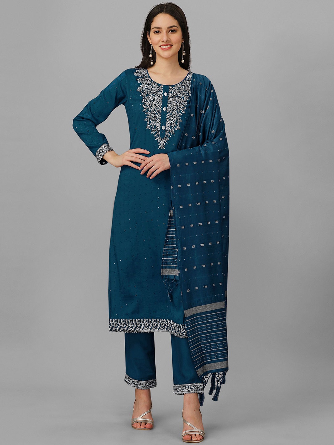 

Nivah Fashion Round Neck Floral Embroidered Thread Work Kurta & Trousers With Dupatta, Teal