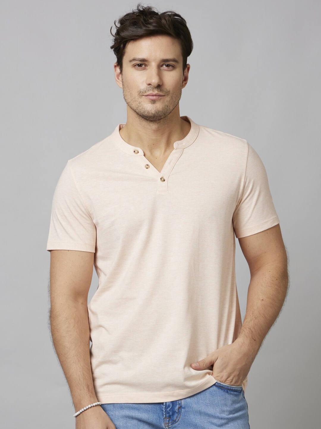

Celio Henley Neck Cotton Casual T-Shirt, Cream
