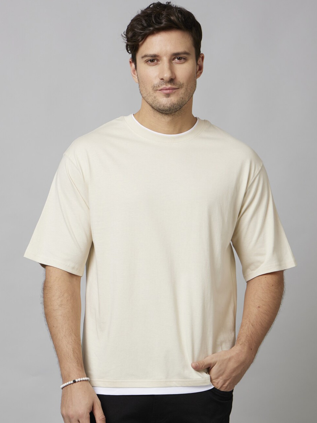 

Celio Drop Shoulder Sleeves Cotton Loose Fit T-Shirt, Beige