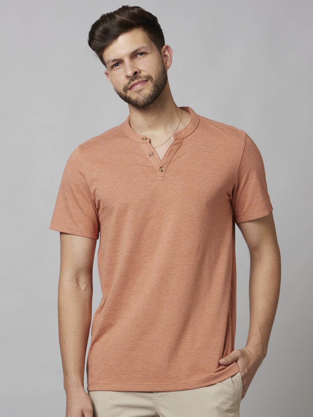 

Celio Henley Neck Regular Fit Cotton T-Shirt, Peach