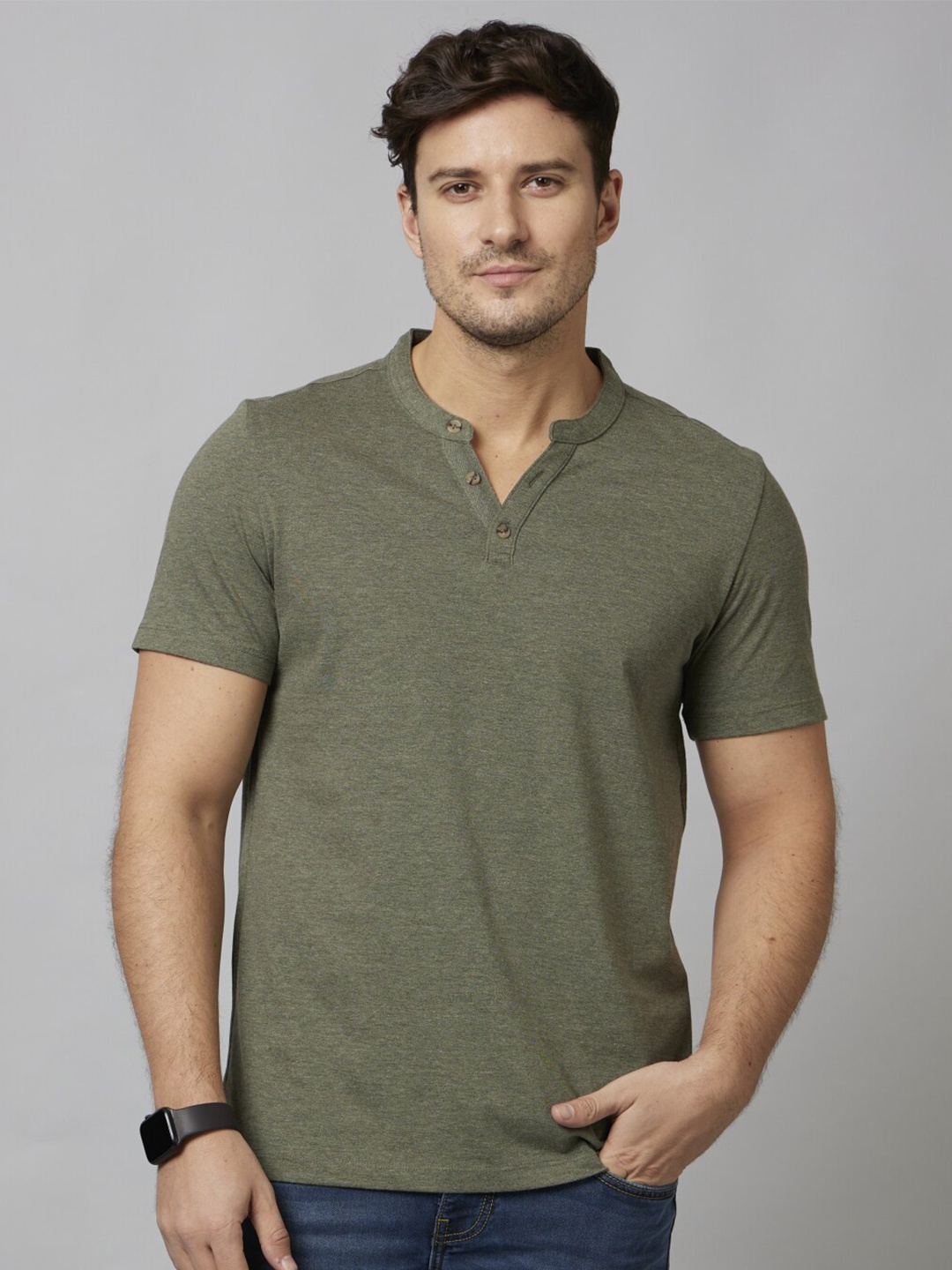 

Celio Henley Neck Slim Fit Cotton T-Shirt, Olive