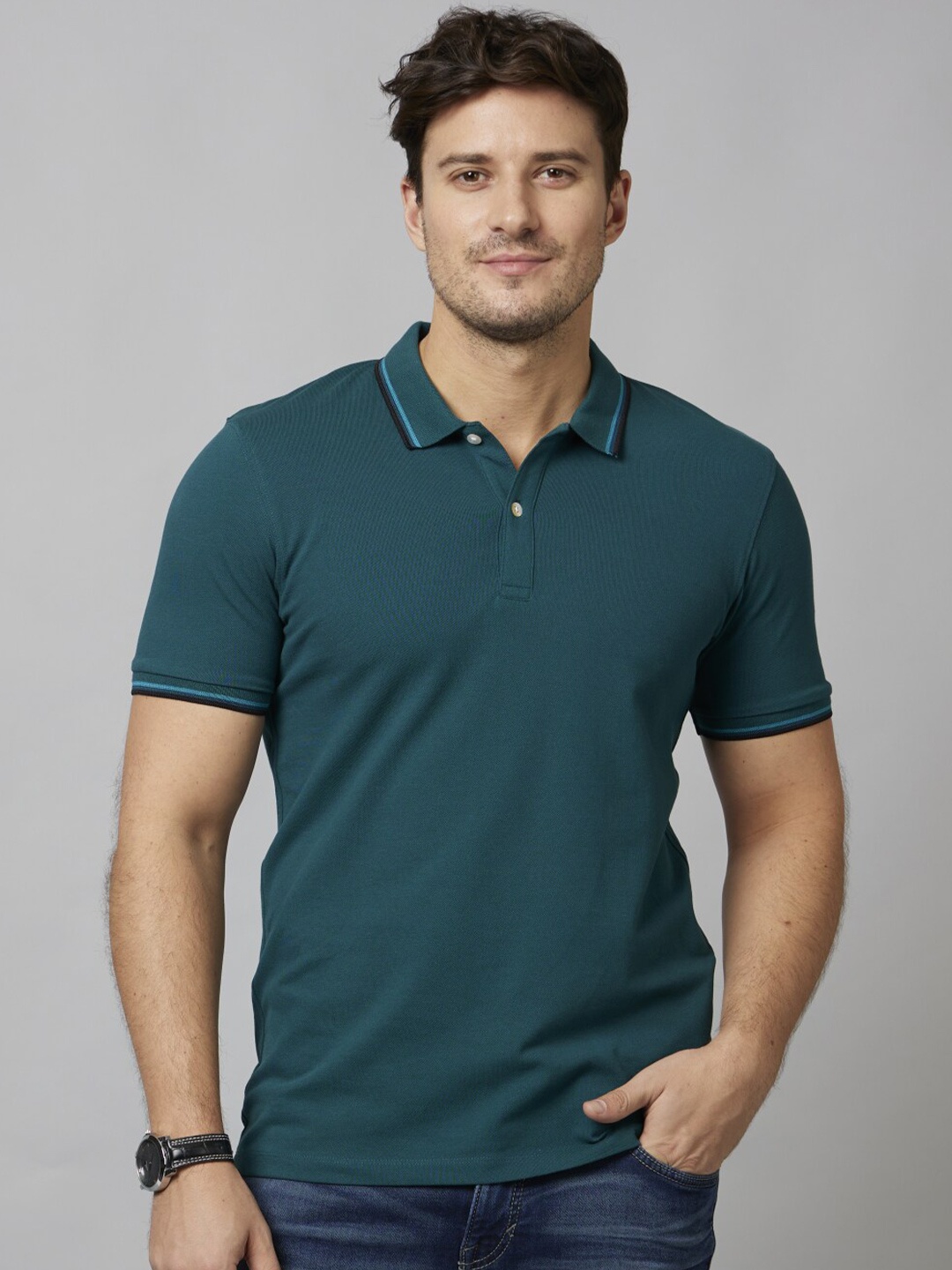 

Celio Polo Collar Slim Fit Knitted Cotton T-Shirt, Teal
