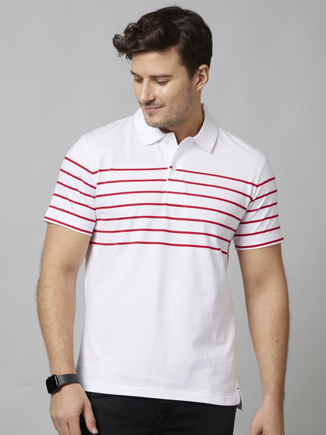 

Celio Men White Striped Polo Collar Cotton T-shirt