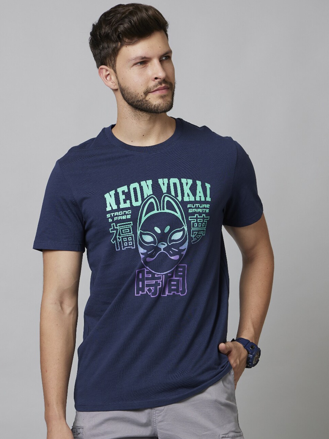 Celio Typography Printed Cotton T-shirt, Navy blue