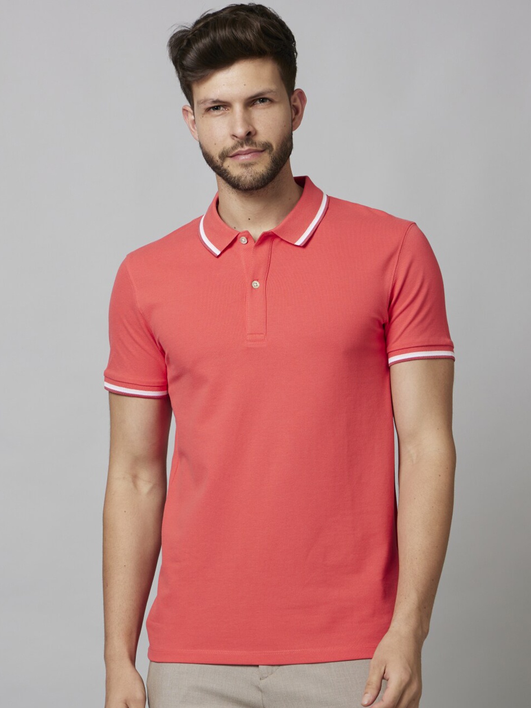 

Celio Solid Polo Collar Cotton T-shirt, Coral