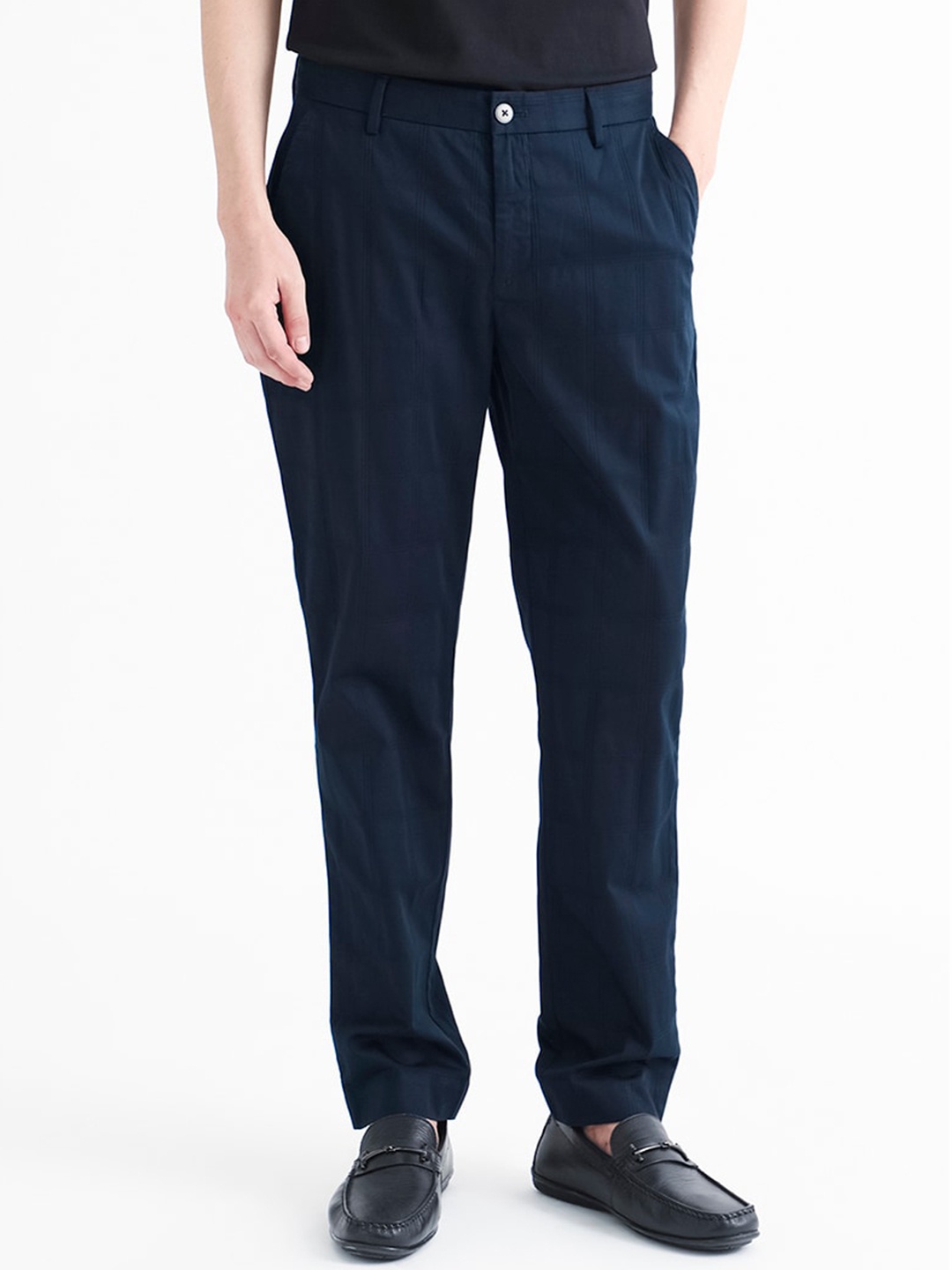 

RARE RABBIT Men Quince Mid Rise Cotton Slim Fit Trouser, Navy blue