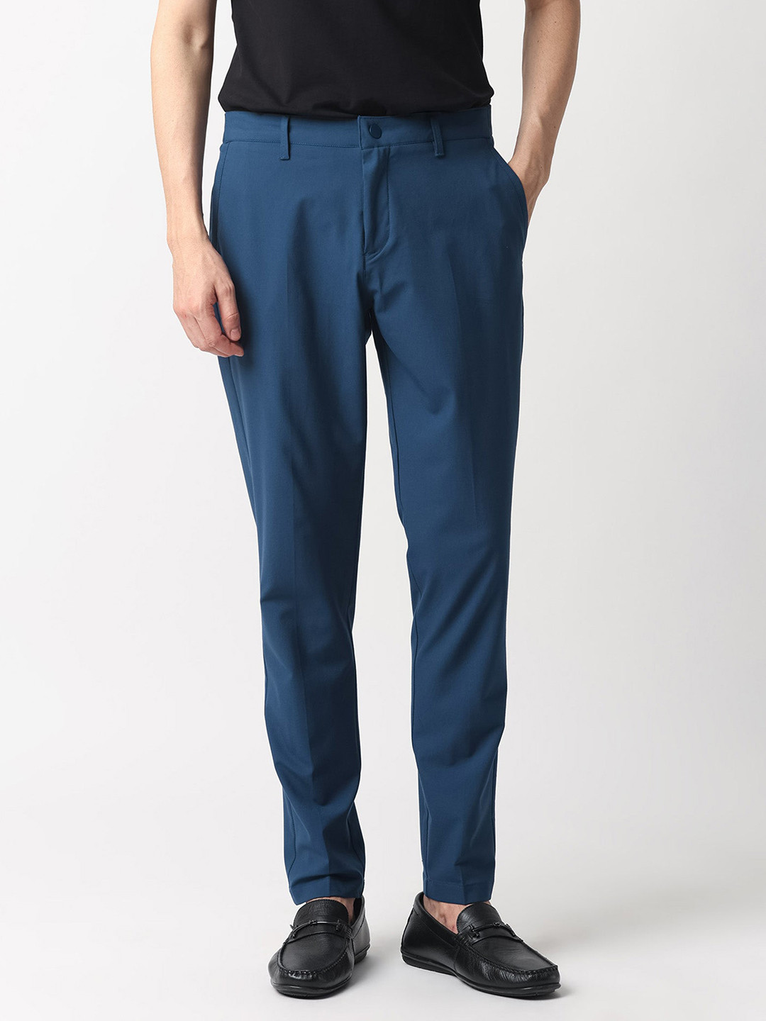 

RARE RABBIT Men Drivers Mid Rise Cotton Slim Fit Trouser, Blue