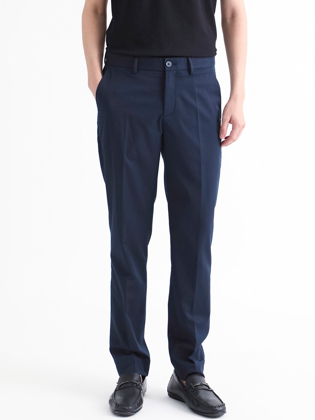 

RARE RABBIT Men Chamer Mid Rise Slim Fit Trouser, Navy blue