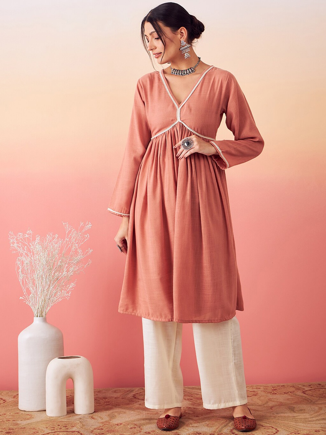 

stories of dori V-Neck Empire Anarkali Kurta With Trousers, Orange