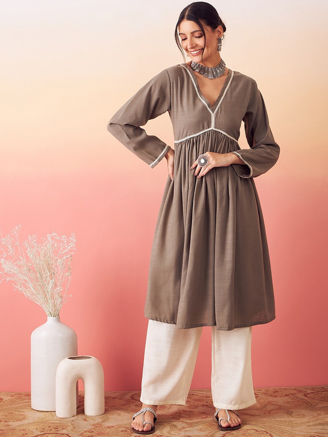 

stories of dori V-Neck Empire A-Line Kurta With Trousers, Brown
