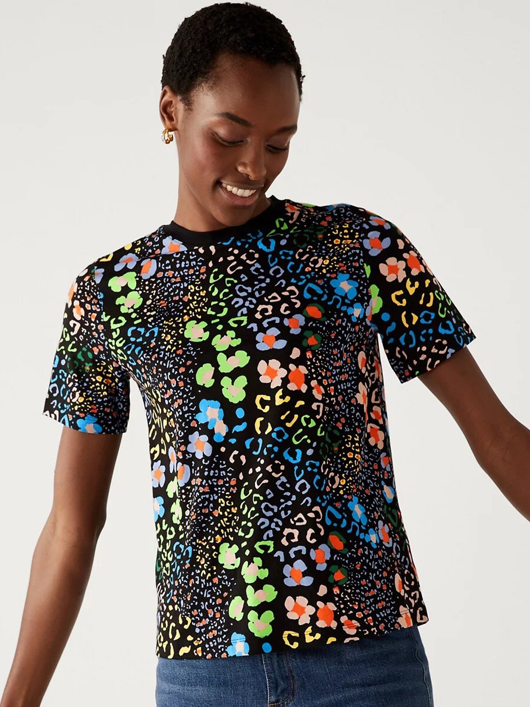 

Marks & Spencer Floral Printed Pure Cotton T-shirt, Black