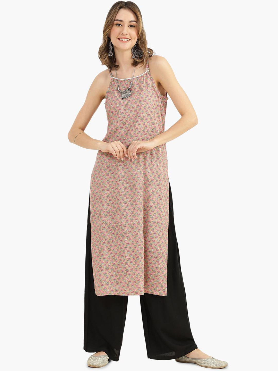 

Virgio Ethnic Motifs Printed Shoulder Strap Sleeveless Straight Kurta, Beige