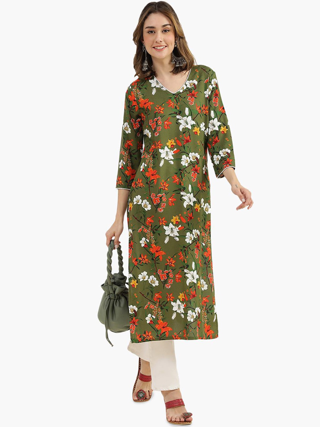 

Virgio Floral Printed V-Neck Straight Kurta, Green