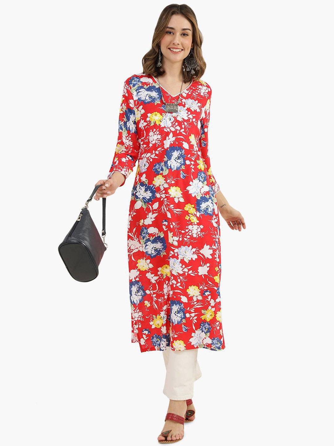 

Virgio Floral Printed V-Neck Straight Kurta, Red