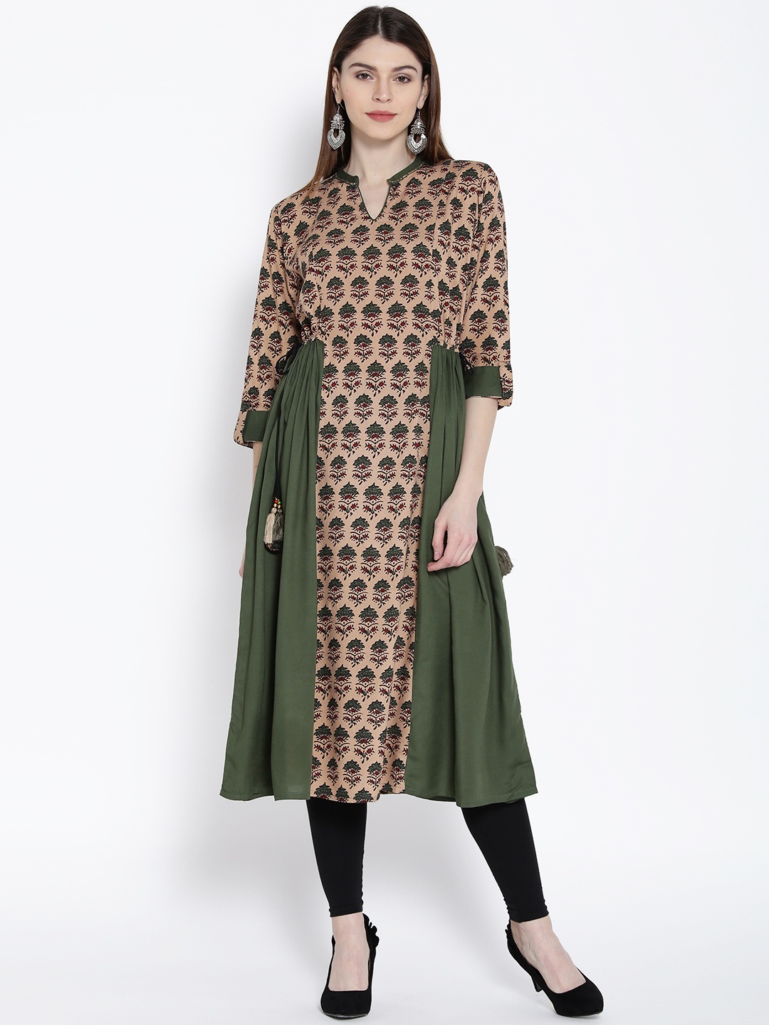 

Shree Women Beige & Green Printed A-Line Kurta