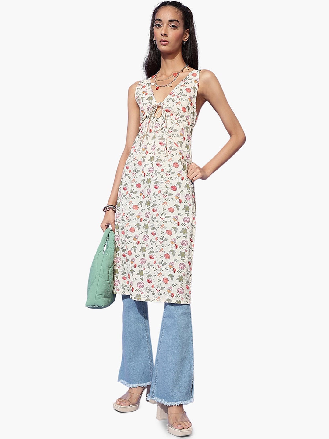 Virgio Floral Printed Tie-Up Neck Sleeveless Pure Cotton Kurta, Beige