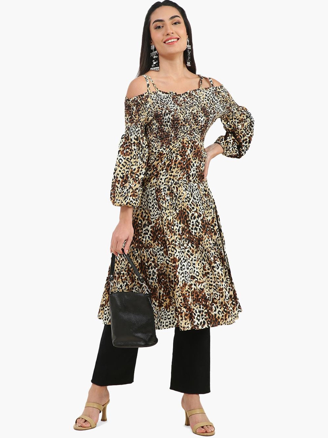 

Virgio Animal Printed Off Shoulder Smocked Empire Kurta, Black