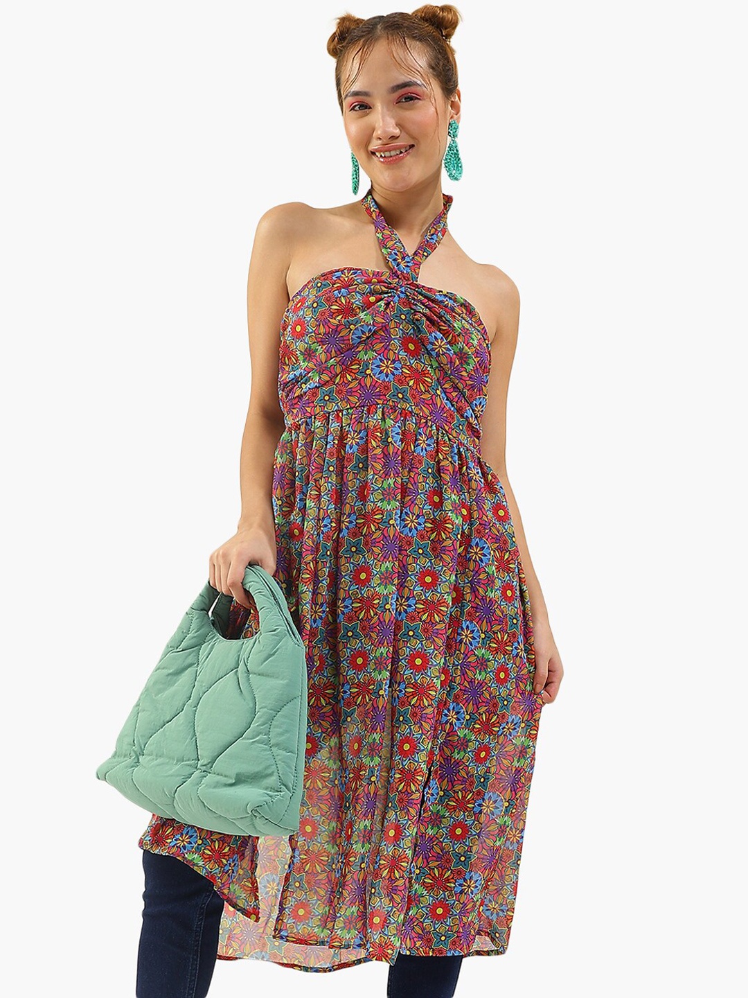 

Virgio Floral Printed Gathered Halter Neck Tunic, Red