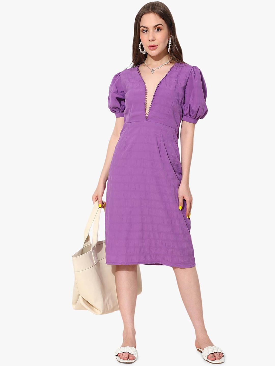 

Virgio Self Designed Puff Sleeves A-line Midi Dress, Purple