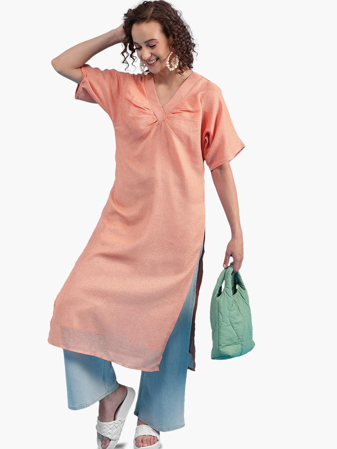 

Virgio V-Neck Straight Kurta, Tan