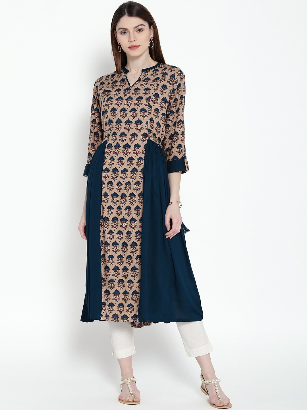 

Shree Women Beige & Navy Printed A-Line Kurta