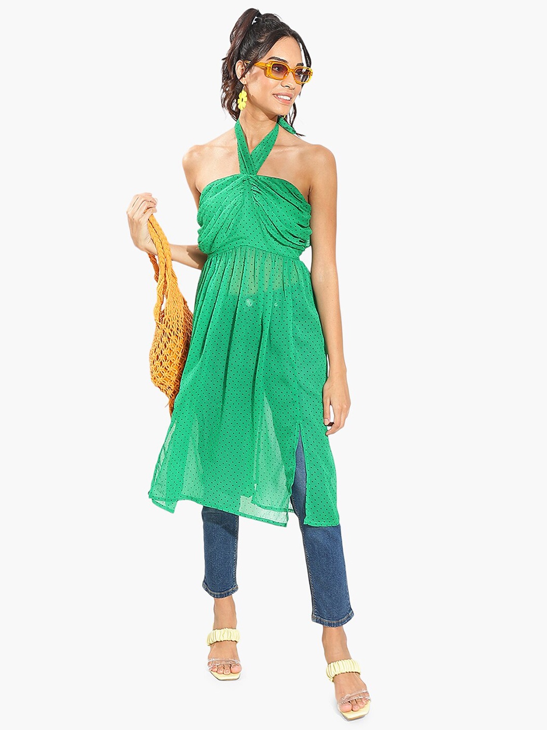 

Virgio Geometric Printed Halter Neck Tunics, Green