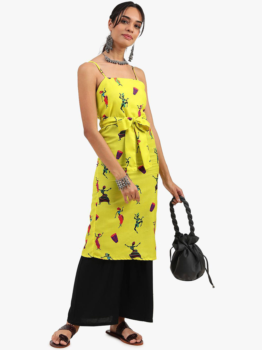 

Virgio Conversational Printed Shoulder Straps Tie Ups Tunics, Yellow