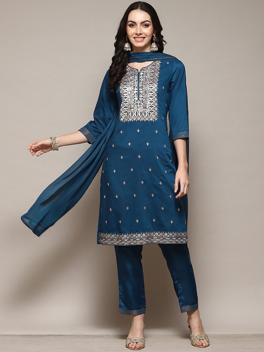 

Biba Ethnic Motifs Embroidered Sequinned Kurta With Trousers & Dupatta, Teal