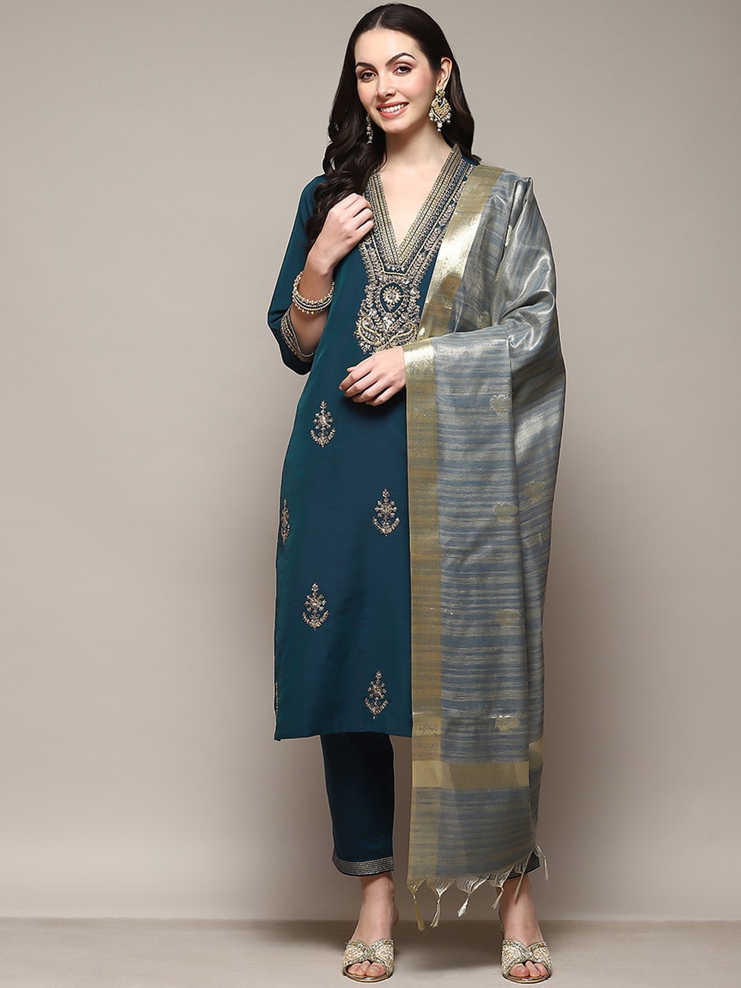 

Biba Ethnic Motifs Yoke Design Thread Work Sequined Kurta with Trousers And Dupatta, Teal