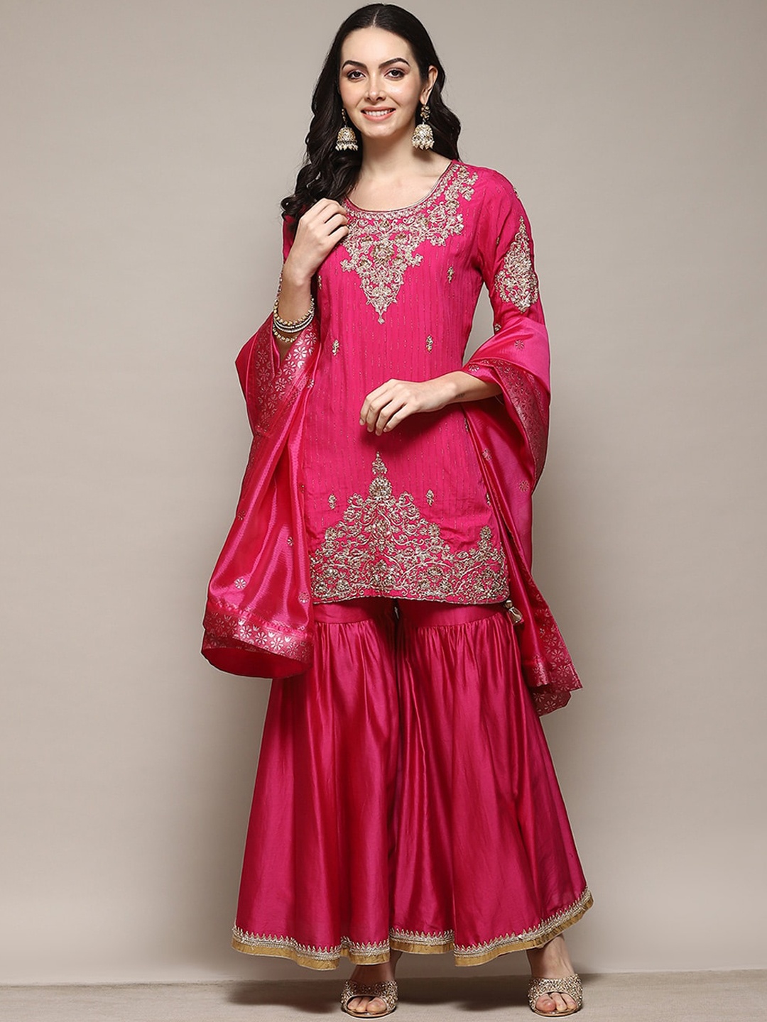 

Biba Ethnic Motifs Embroidered Thread Work Detailed Straight Kurta & Sharara with Dupatta, Fuchsia