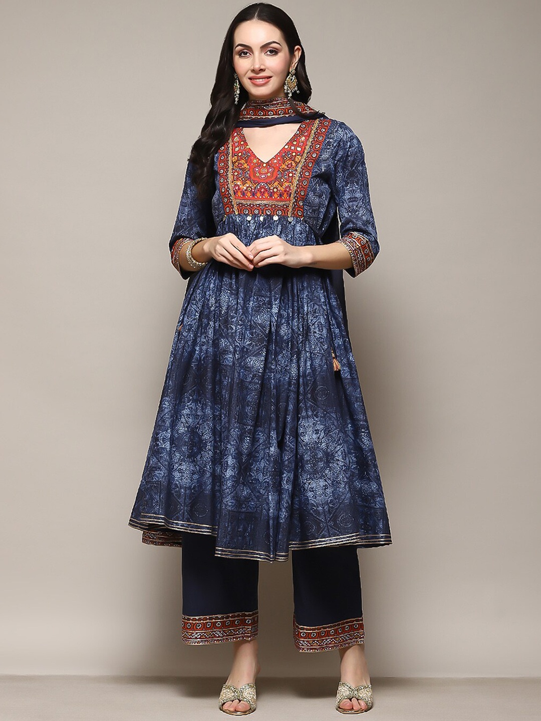 

Biba Ethnic Motifs Embroidered Regular Kurta with Palazzos & Dupatta, Blue