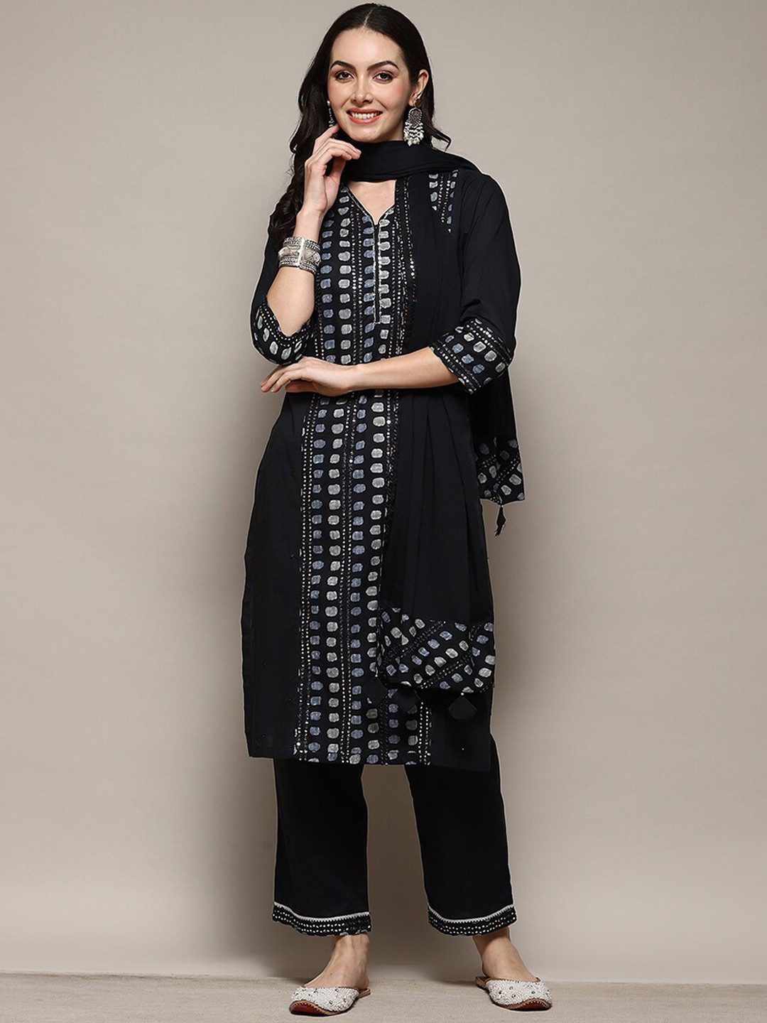 

Biba Geometric Printed Mirror Work Detailed Straight Kurta & Trousers with Dupatta, Black