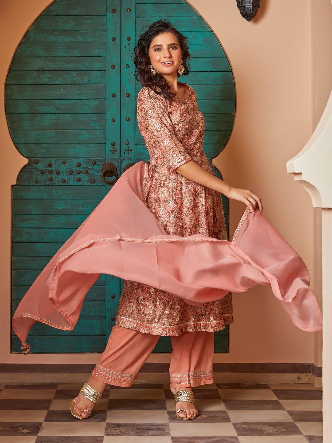 

Biba Floral Printed Round Neck Sequinned Anarkali Kurta with Palazzos And Dupatta, Peach