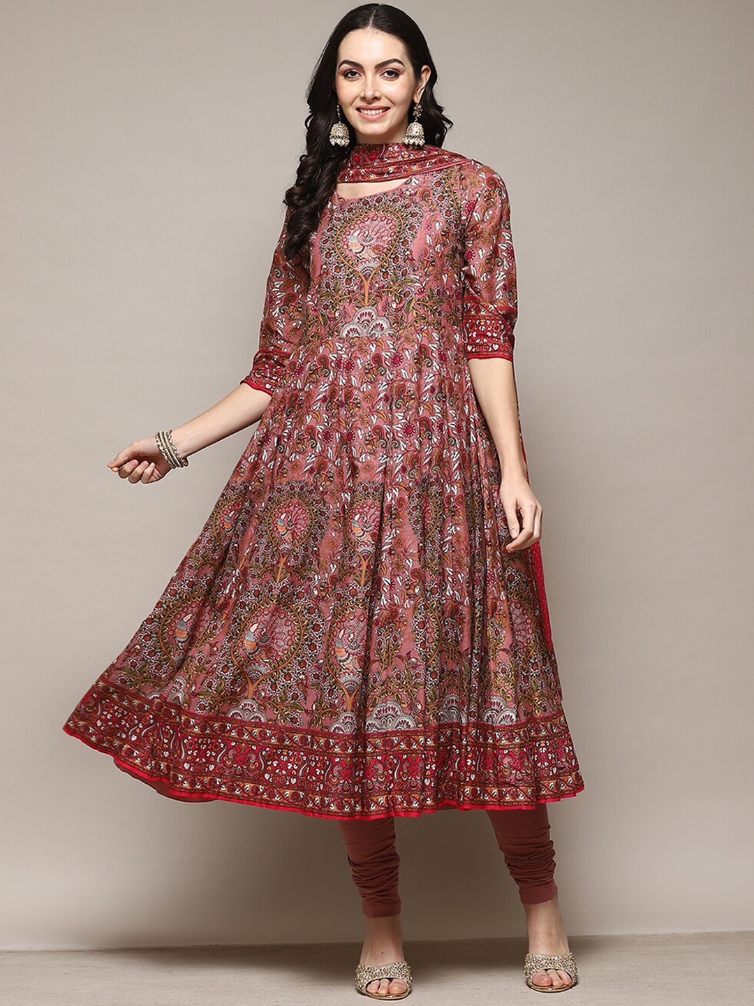 

Biba Ethnic Motifs Printed Round Neck Anarkali Kurta with Churidar And Dupatta, Pink