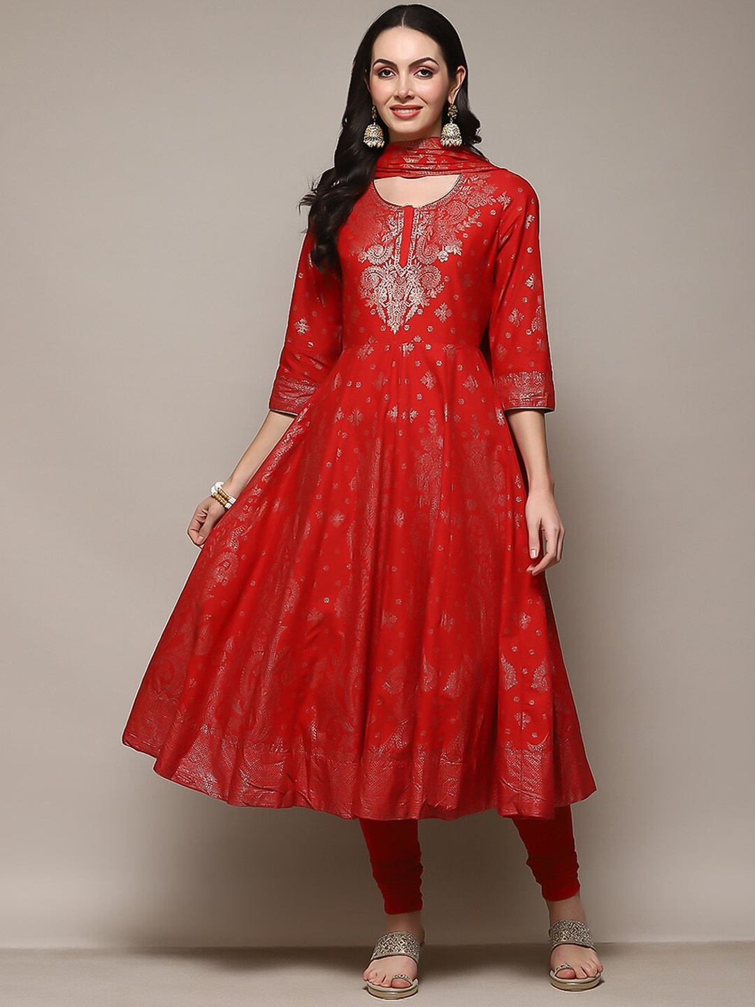 

Biba Ethnic Motifs Printed Tie-Up Anarkali Kurta with Churidar And Dupatta, Red