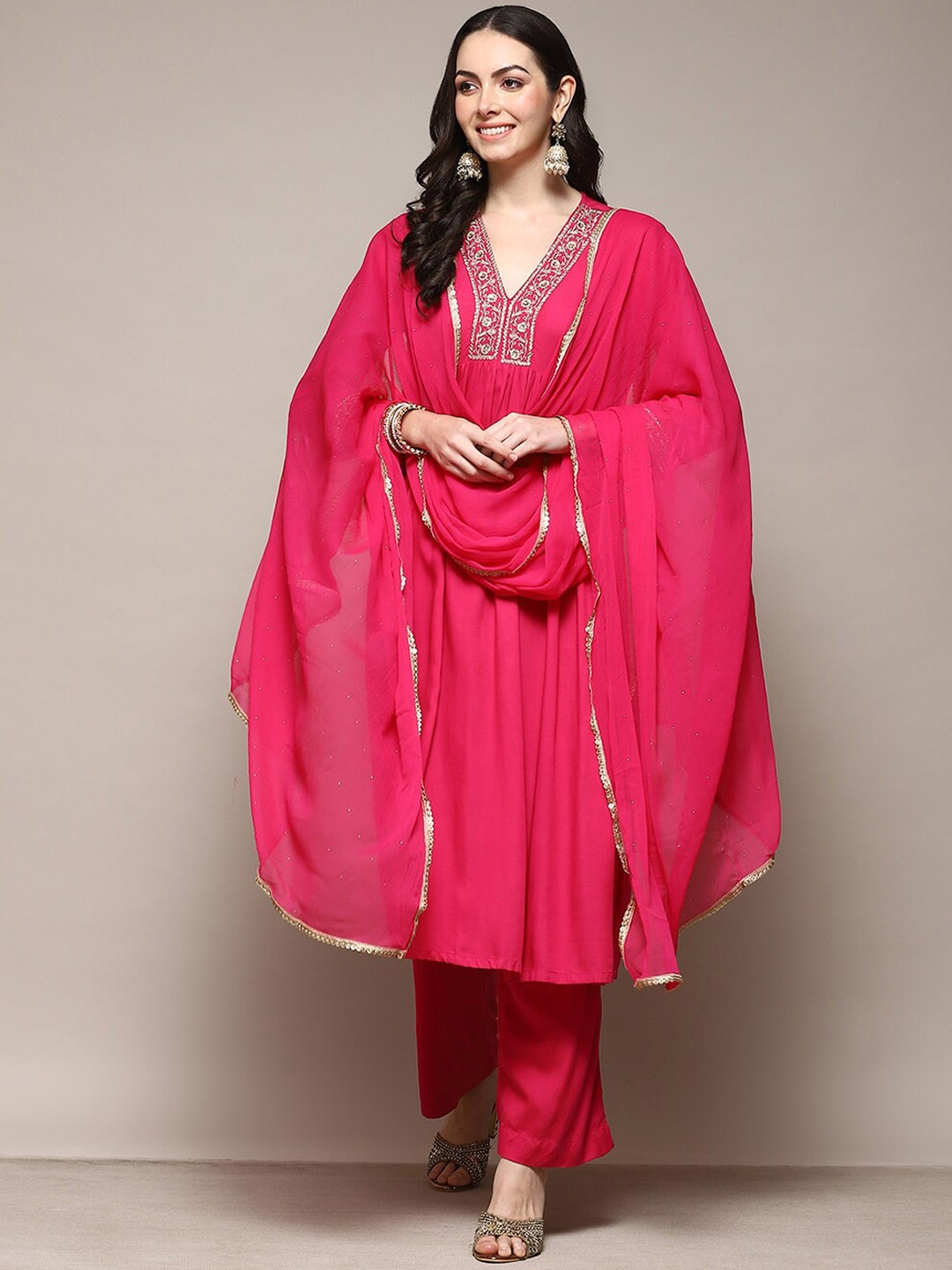 

Biba V-Neck Thread Work Kurta Empire Anarkali With Palazzos & Dupatta, Fuchsia