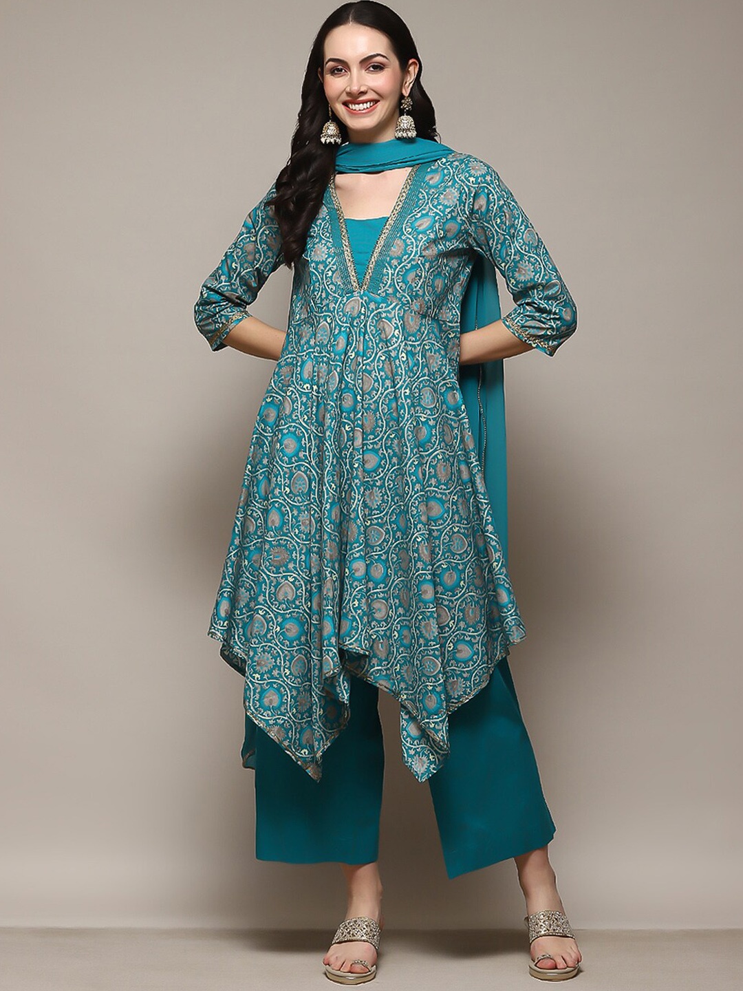 

Biba Floral Printed Beads & Stones Asymmetric Empire Kurta With Palazzos & Dupatta, Turquoise blue