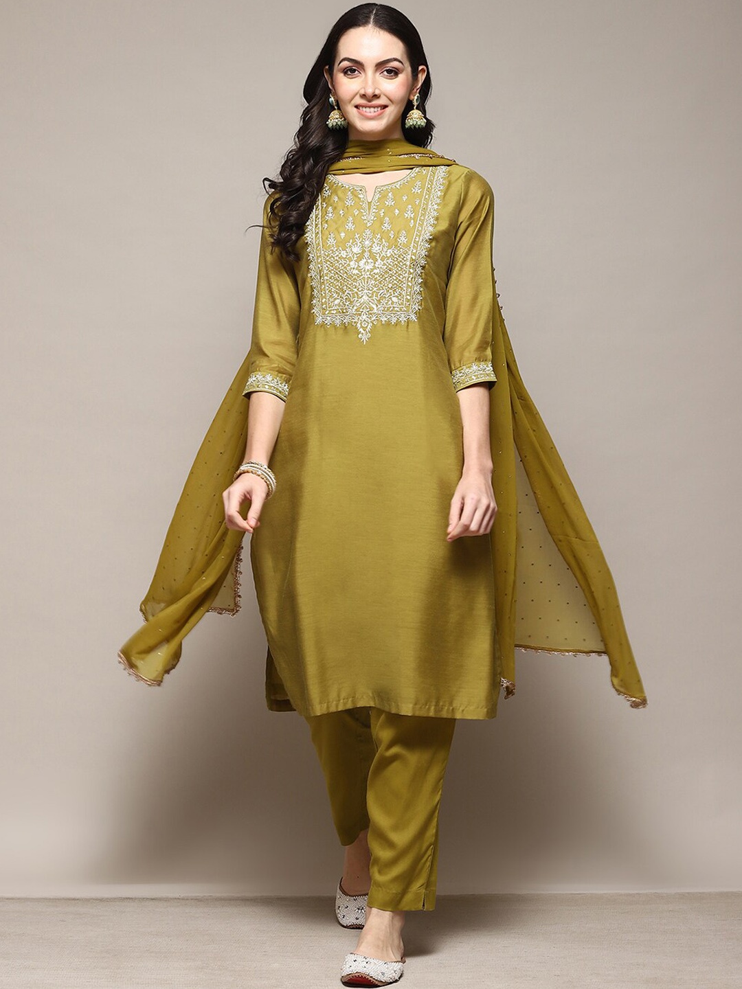 

Biba Thread Work Detailed Straight Kurta & Trousers with Dupatta, Lime green
