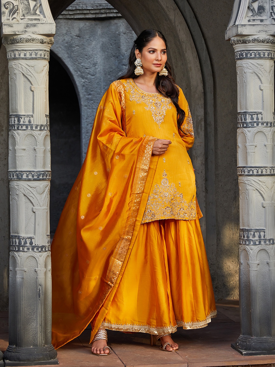 

Biba Ethnic Motifs Embroidered Thread Work Detailed Straight Kurta & Sharara with Dupatta, Mustard