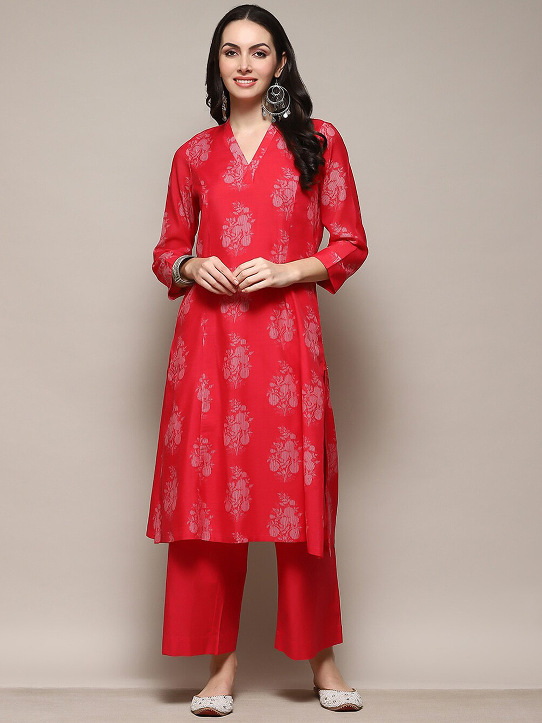 

Biba Ethnic Motifs Printed V-Neck Panelled A-Line Kurta with Palazzos, Red