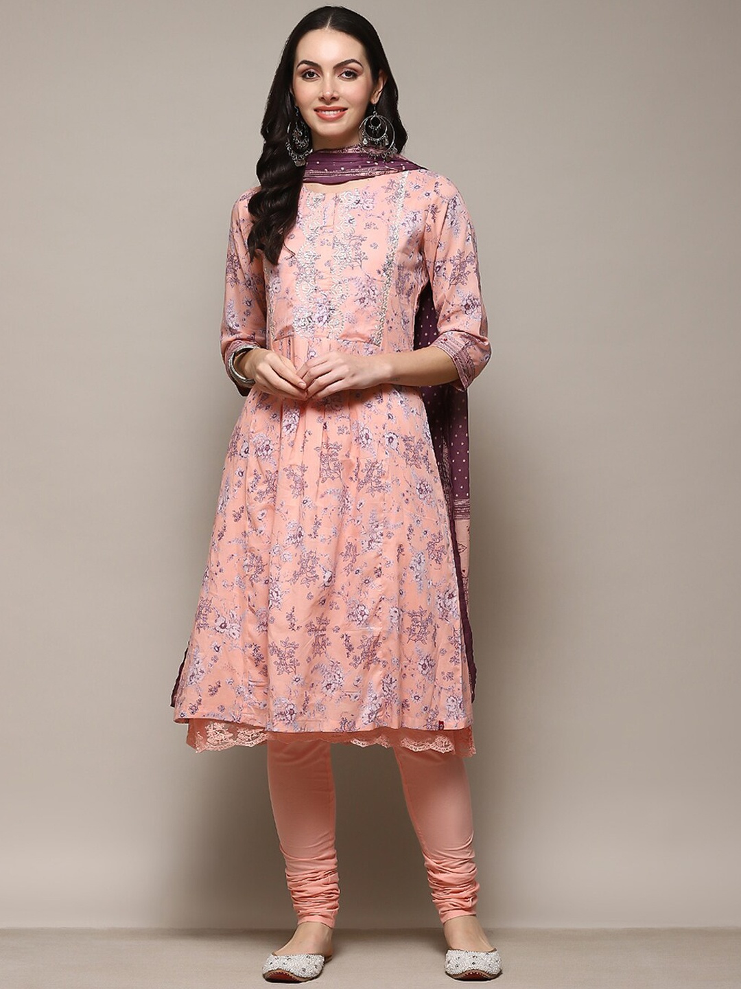 

Biba Floral Printed Thread Work Detailed Pleated A-Line Kurta & Churidar with Dupatta, Pink
