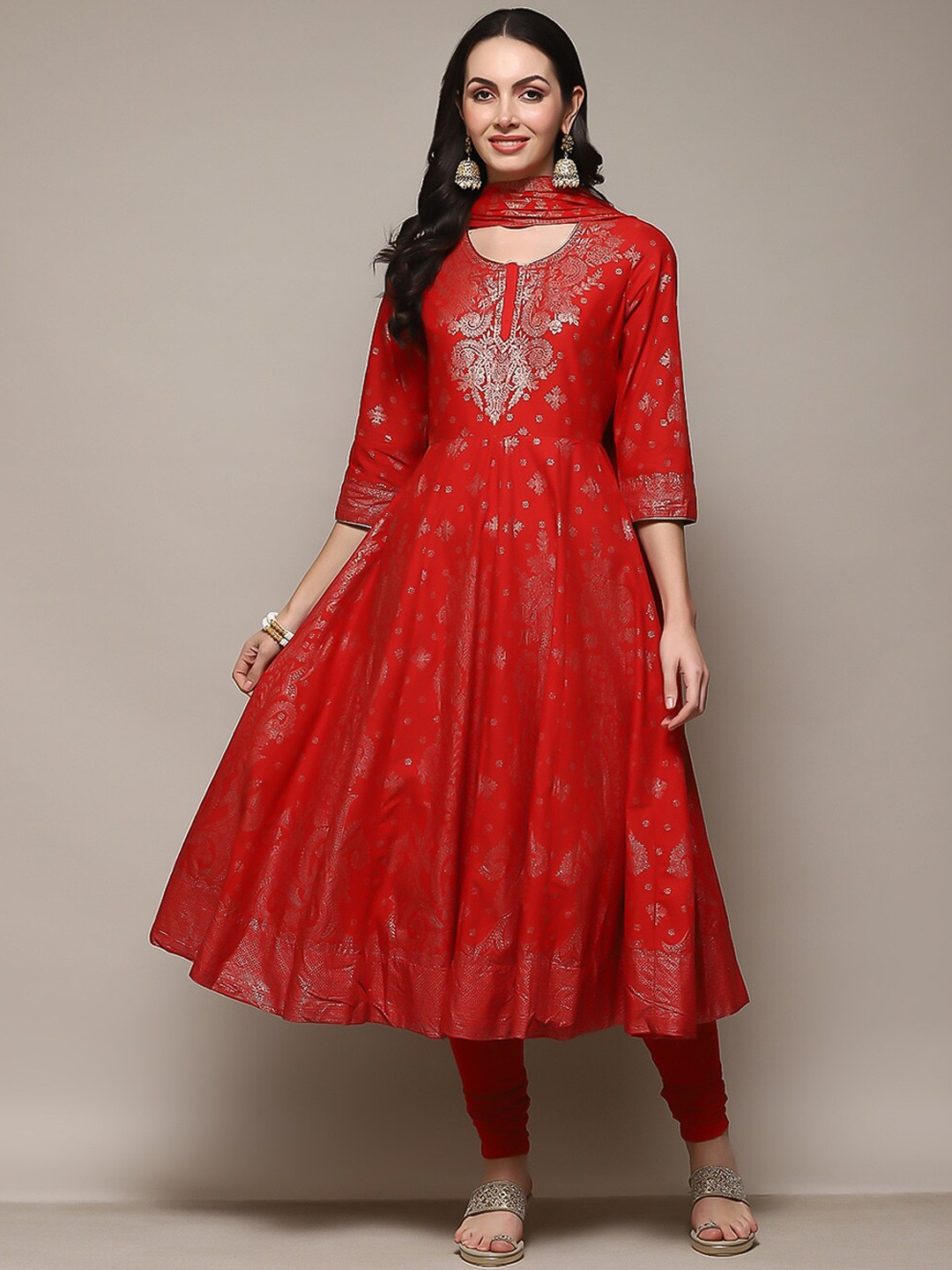 

Biba Round Neck Ethnic Motifs Printed Foil Anarkali Kurta & Churidar With Dupatta, Red