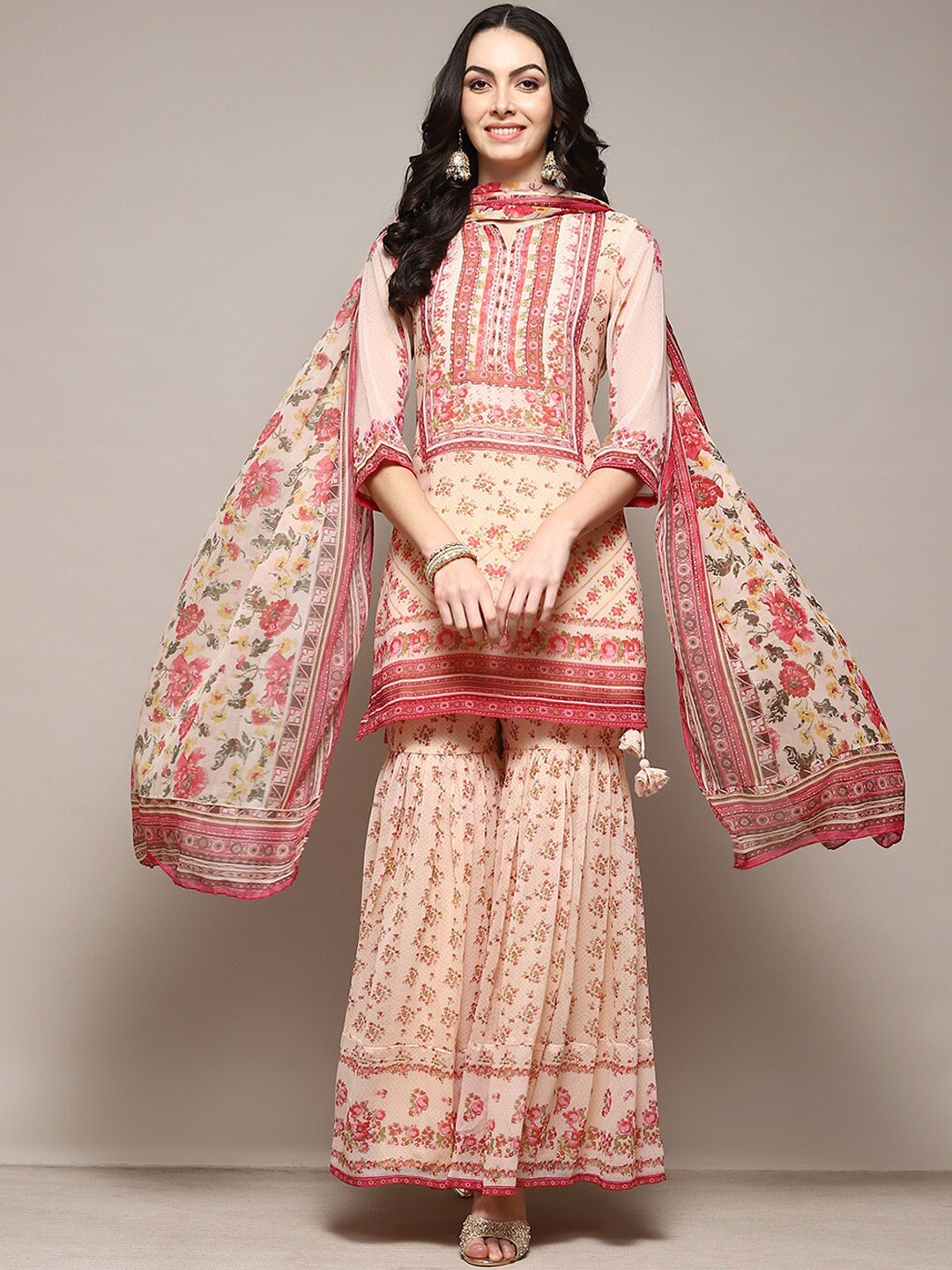 

Biba Floral Printed Sequinned Detailed Straight Kurta & Sharara with Dupatta, Off white