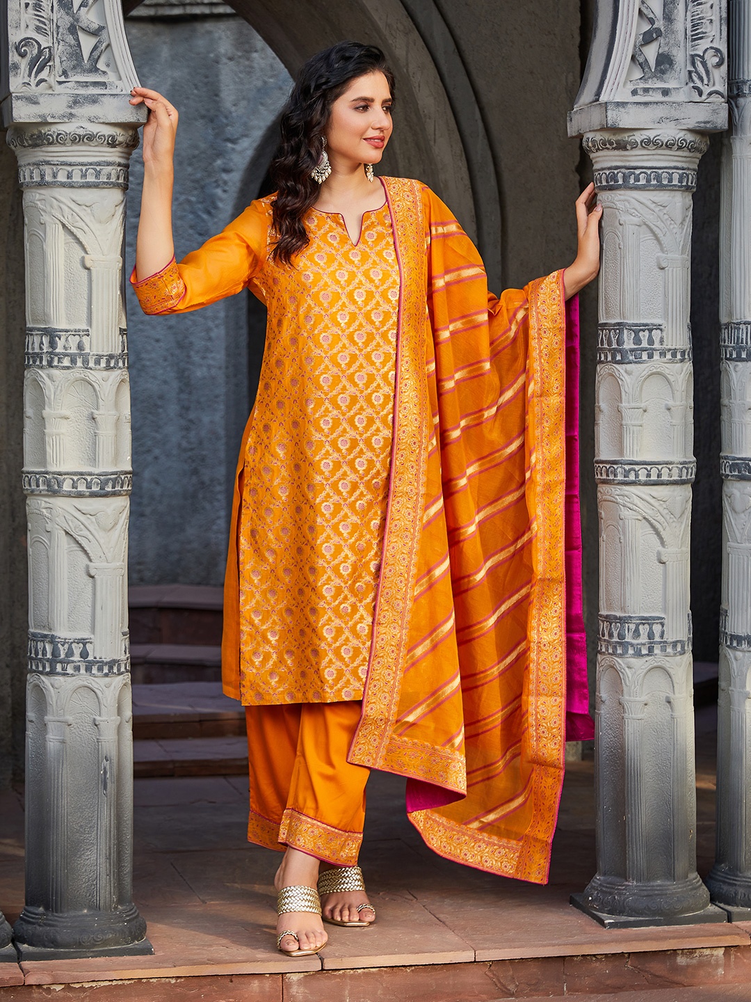 

Biba Round Neck Ethnic Motifs Woven Design Zari Regular Kurta & Trouser With Dupatta, Mustard