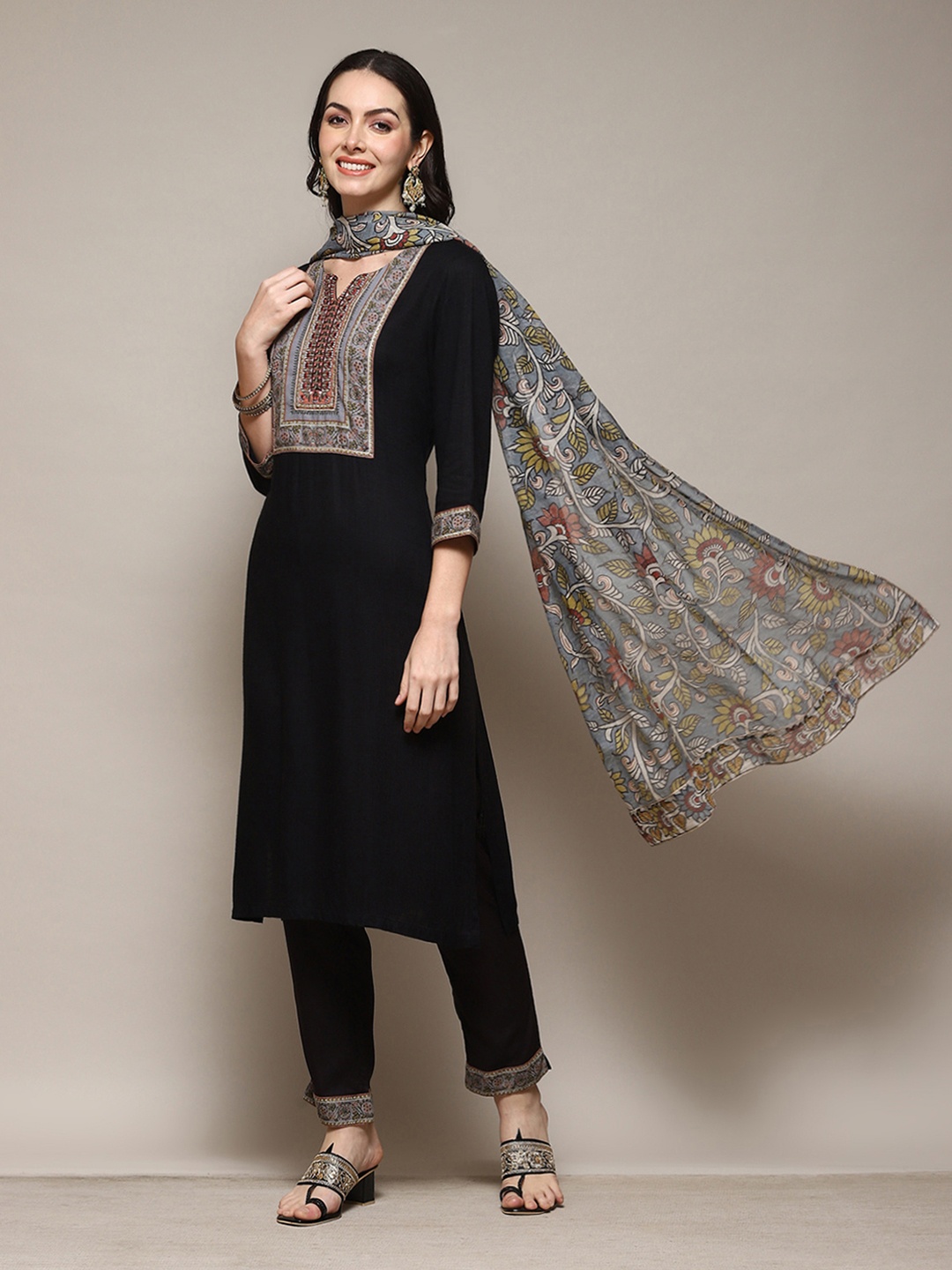 

Biba Ethnic Motifs Embroidered Mirror Work A-Line Kurta with Trousers And Dupatta, Charcoal