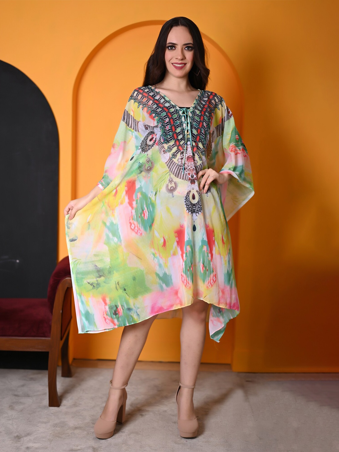 

Rajoria Instyle Floral Printed V-Neck Mini Kaftan Dress, Green