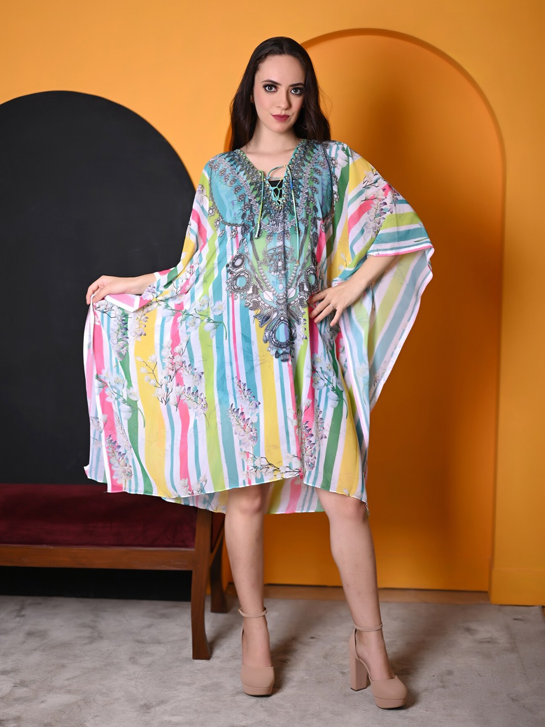 

Rajoria Instyle Floral Printed V-Neck Mini Kaftan Dress, Blue