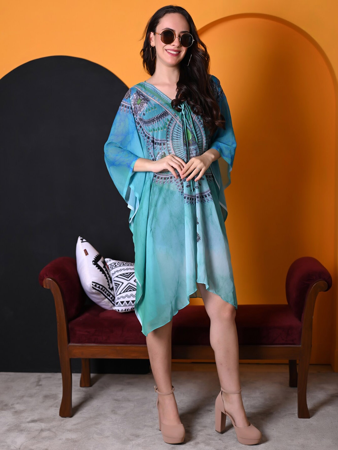 

Rajoria Instyle Ethnic Motifs Printed Kimono Sleeves Georgette Kaftan Dress, Blue