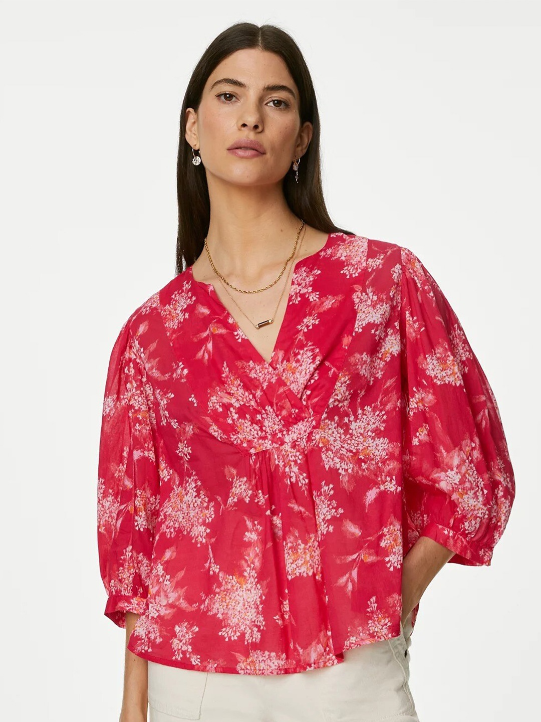 

Marks & Spencer Floral Print Cotton Top, Pink