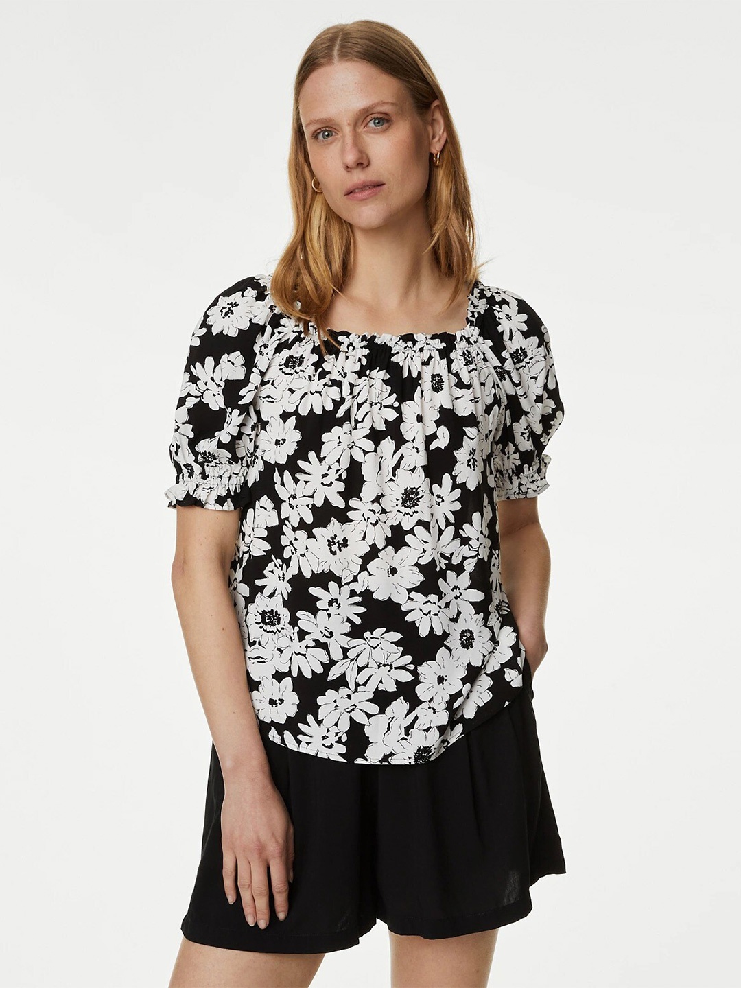 

Marks & Spencer Floral Printed Puff Sleeves Gathered Top, Black